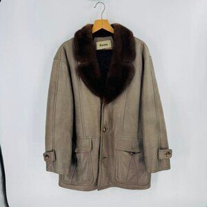 Karino 100% Leather Coat Brown Fur Collar Gray Jacket Made in Italy (Fits L/XL)